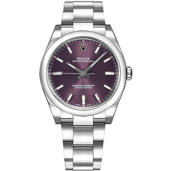 Rolex Oyster Perpetual M114200 0020 34 mm Grape Red Dial Watch front view @majordor