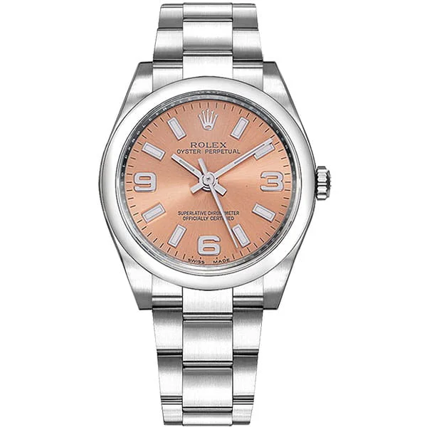 Rolex Oyster Perpetual M114200 PNKASO 34 mm Pink Dial Ladies Watch front side view @majordor